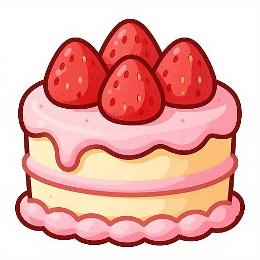 Colorful digital illustration of a cake with pink frosting, topped with four bright red strawberries, on a scalloped pink base.