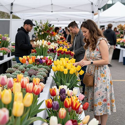 Photograph of a woman with wavy brown hair, wearing a floral dress and brown crossbody bag, admiring vibrant tulips in a white tent