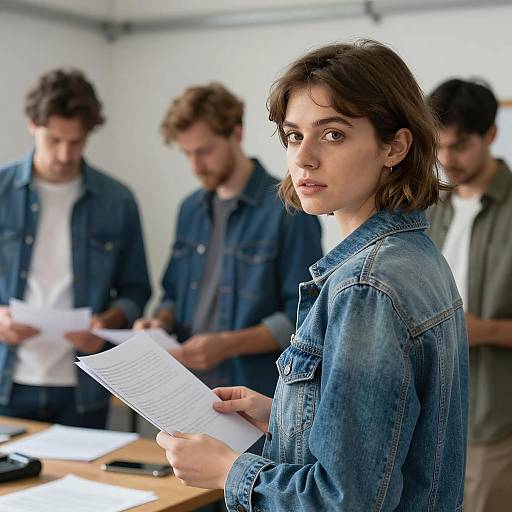 Woman in Denim Surrounded by Colleagues