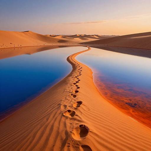 Photograph of a vivid desert landscape at sunset, featuring a winding path of footprints in orange sand leading to a mirror-like water reflection under a clear