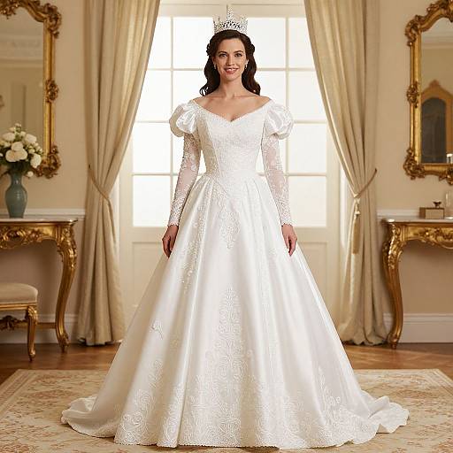 Photograph of a smiling woman in a white, lace-trimmed, long-sleeve wedding dress standing in an elegant, sunlit room with