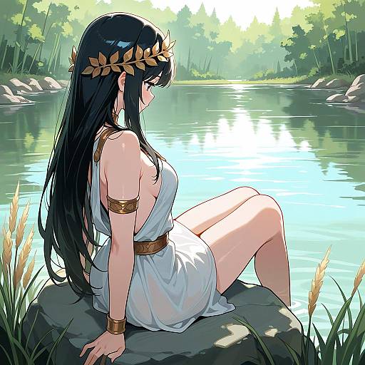 Greek Woman Sitting by Lake