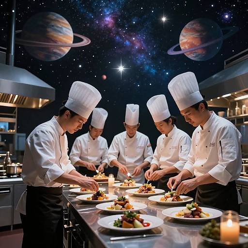Photograph of five male chefs in white uniforms and hats, meticulously plating gourmet dishes under a cosmic, galaxy-themed kitchen backdrop.