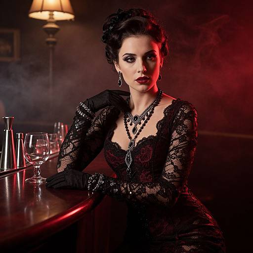 Photograph of a glamorous woman with dark hair in an updo, wearing a black lace dress and gloves, sitting at a dimly lit bar with