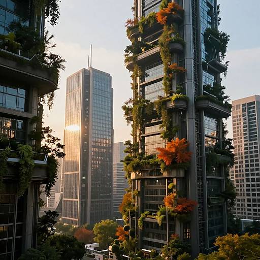 Photograph of a modern urban skyline at sunset, featuring tall glass buildings with green and orange foliage climbing their facades.