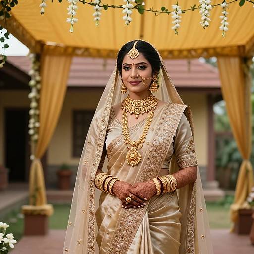 Photograph of an Indian bride in an ornate golden saree with intricate embroidery, gold jewelry, and veil, standing under a yellow canopy with white