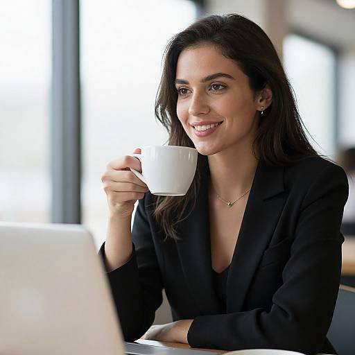 Photograph of a smiling, dark-haired woman in a black blazer, holding a white coffee cup, sitting at a desk with a laptop in a