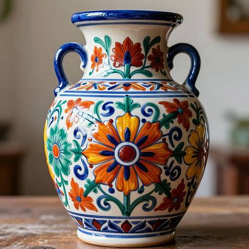 Photograph of a colorful ceramic vase with blue handles, adorned with vibrant orange, red, and green floral patterns on a white background, placed on a