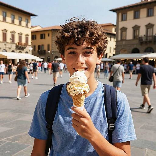Italian Teen Enjoying Gelato in Piazza