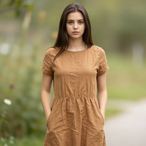 Photograph of a young woman with long dark hair, wearing an orange, short-sleeved, cinched dress, standing in a blurred green outdoor