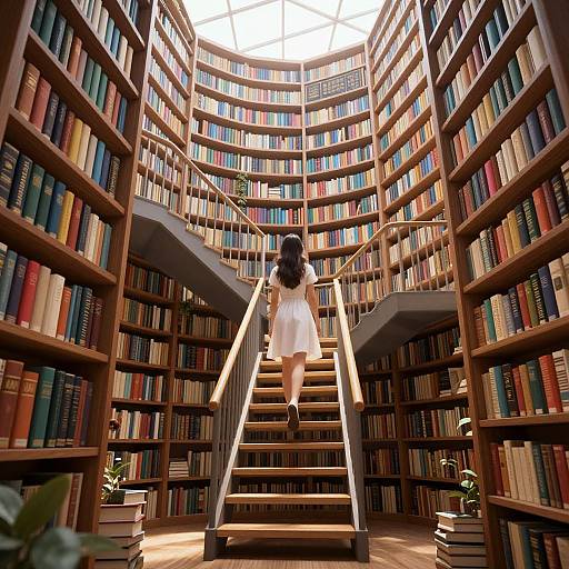 Photograph of a woman in a white dress ascending a wooden staircase in a circular, multi-tiered library with colorful bookshelves.