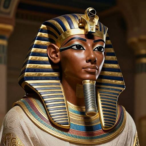 Photorealistic digital art of an ancient Egyptian woman with dark skin, striped blue and gold headdress, gold necklace, and white robe.