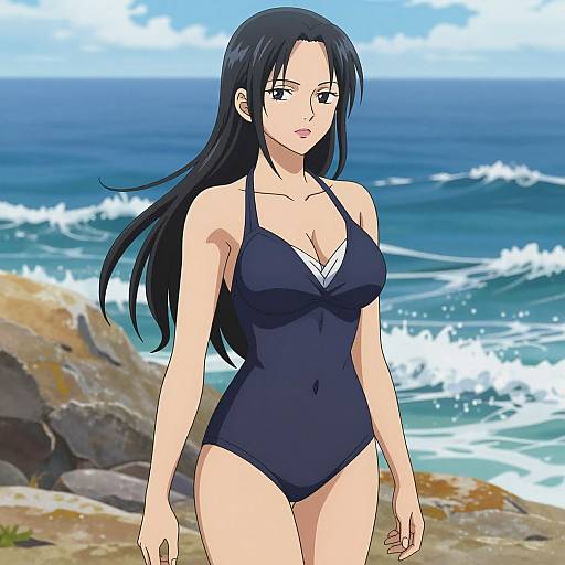 Anime-style digital drawing of a black-haired woman with large breasts, wearing a dark blue one-piece swimsuit, standing on a rocky beach with waves and