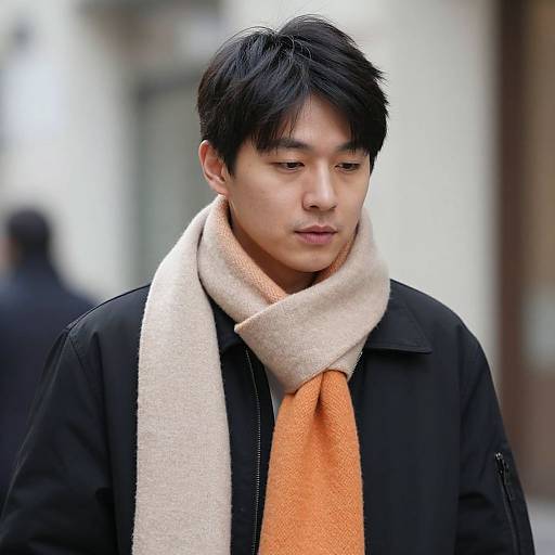 Photograph of an Asian man with short black hair, wearing a black jacket, orange scarf, and beige scarf, looking down, blurred background.