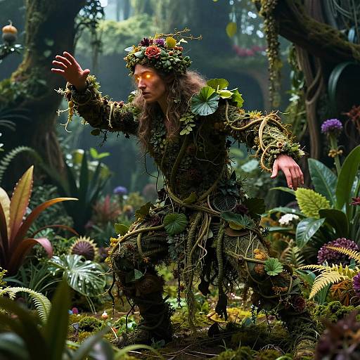 Photograph of a mystical forest creature with glowing eyes, wearing a leaf and vine-adorned outfit, standing amidst lush, vibrant foliage.