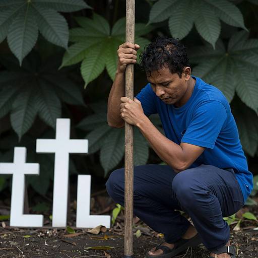 Crouching Man in Dark Leafy Setting
