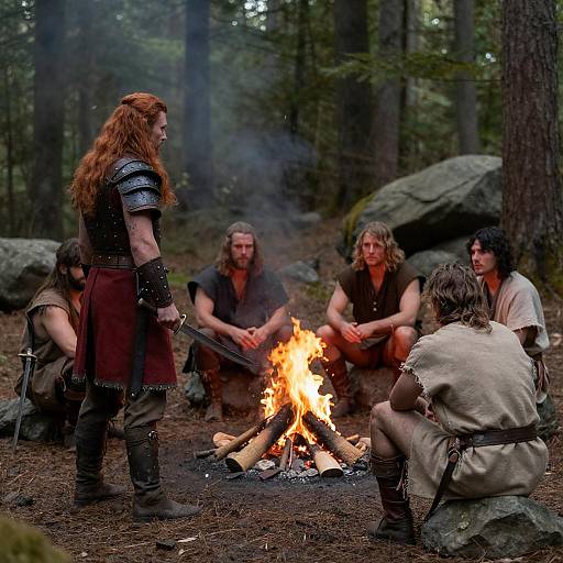 Intense Warrior Confronts Primitive Camp