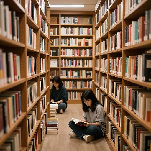 Photograph of two Asian women in a library aisle, surrounded by wooden bookshelves with colorful books. One sits cross-legged, reading; the other