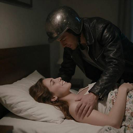 Helmeted Man Leaning Over Smiling Woman