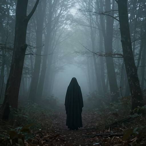 Photograph: Mysterious, hooded figure stands alone on a foggy forest path, surrounded by tall, shadowy trees, with blue-gray mist