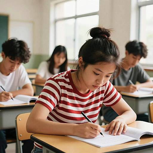 Focused Asian Student in Sunlit Classroom