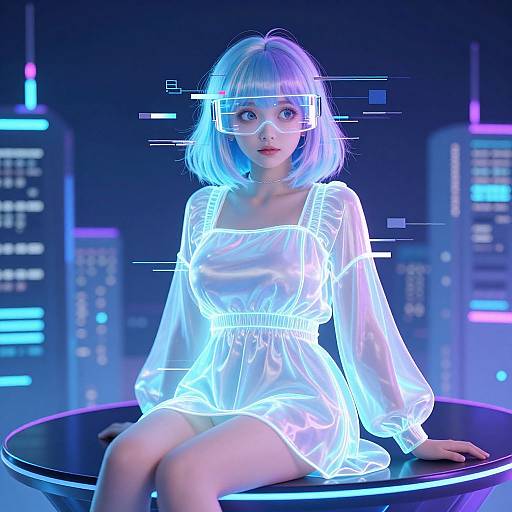 Digital art of a glowing, blue-haired anime girl in a translucent white dress, sitting on a neon-lit cityscape table.