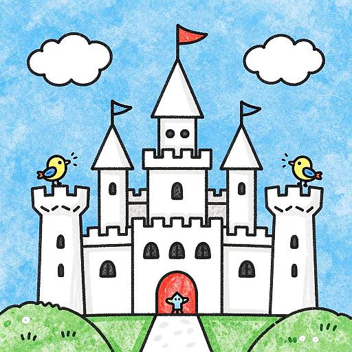 Colorful drawing of a white castle with multiple towers, a red flag, and two yellow birds on turrets, under a blue sky with white clouds