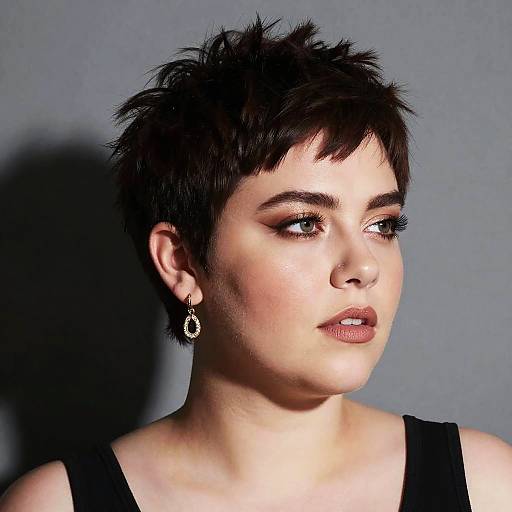 Photograph of a young woman with short, dark brown, spiky hair, wearing black earrings, a black tank top, and makeup with dark eyel