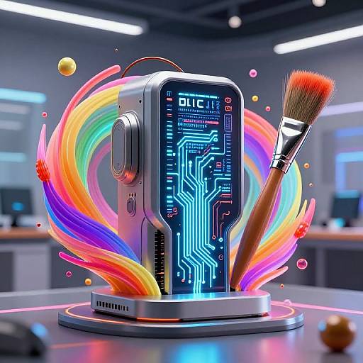 Digital art: Neon-colored, swirling brush strokes surround a futuristic, glowing circuit board device with a large paintbrush, in a modern, brightly lit workspace