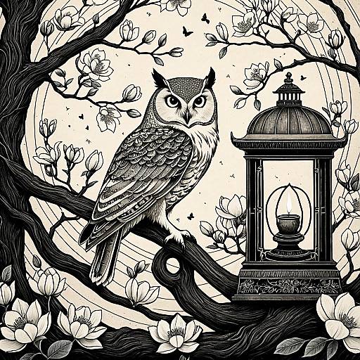 Mystical Owl on Ancient Lantern with Magnolia Flowers