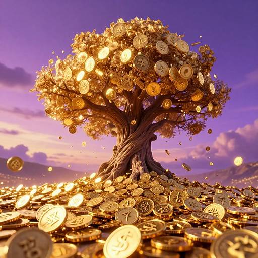 Digital artwork of a glowing golden tree with coins overflowing from its branches and trunk, set against a purple and pink twilight sky.