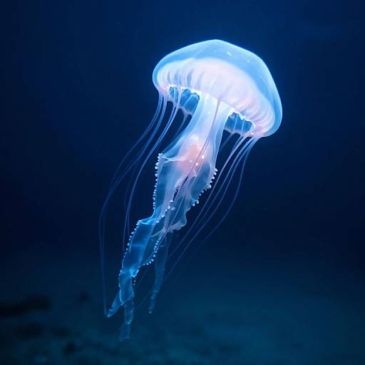 Photograph of a glowing blue jellyfish with translucent tentacles, floating in a dark, deep blue underwater environment.