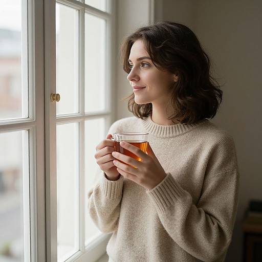 Photograph of a young woman with wavy brown hair, wearing a beige sweater, holding a glass of tea, gazing out a sunlit window