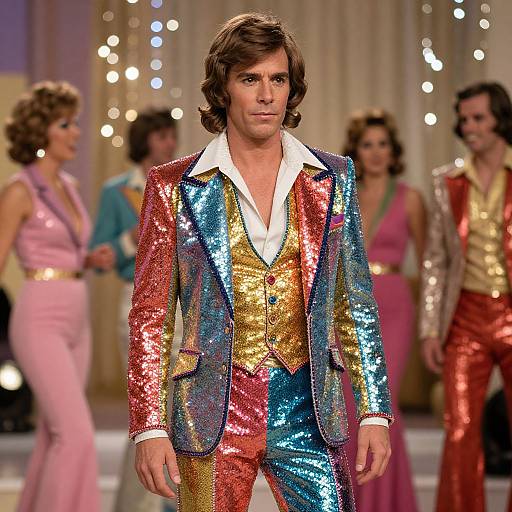 Photograph of a male model with 1970s style, wearing a vibrant, multicolored sequin suit, white shirt, on a glitter