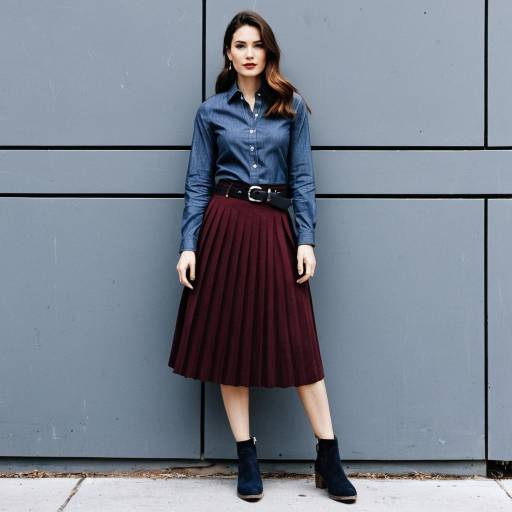 Woman in Navy Chambray Shirt and Maroon Pleated Skirt