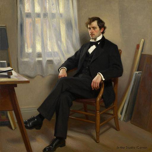 Photorealistic painting of a seated, Caucasian man in a black Victorian suit and bow tie, with brown hair, in a sunlit room. Art