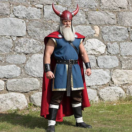 Photograph of a bearded man in Viking costume with red helmet, blue tunic, red cape, black pants, and arm bands, standing in