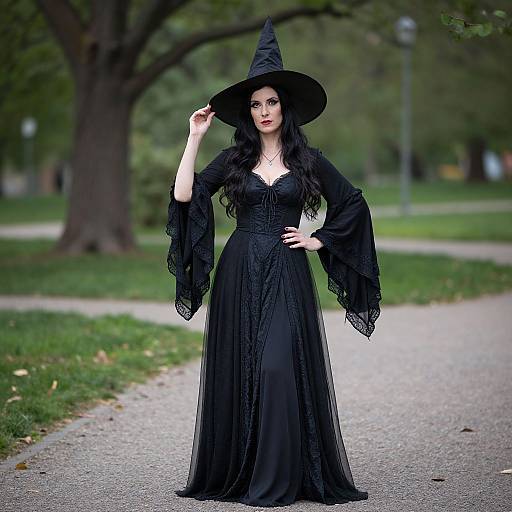 Photograph of a pale-skinned woman with long black hair, wearing a black lace witch dress and pointed hat, standing on a park path with trees