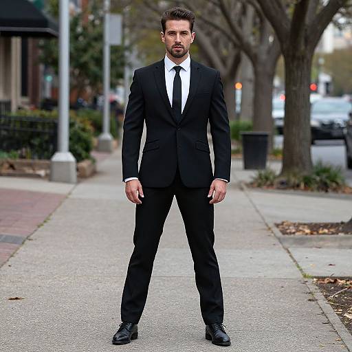 Photograph of a handsome, bearded man in a black suit, white shirt, and black tie standing confidently on a city sidewalk.