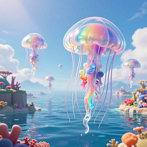 Digital artwork of colorful jellyfish with transparent domes and flowing tentacles, floating above a vibrant, coral-filled ocean under a bright blue sky.