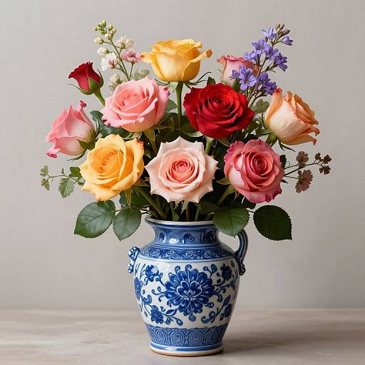Photograph of a blue and white floral vase holding a colorful bouquet of yellow, pink, red, and purple roses with green leaves, against a plain