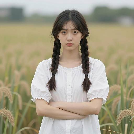 Young Woman in White Blouse Standing in Field