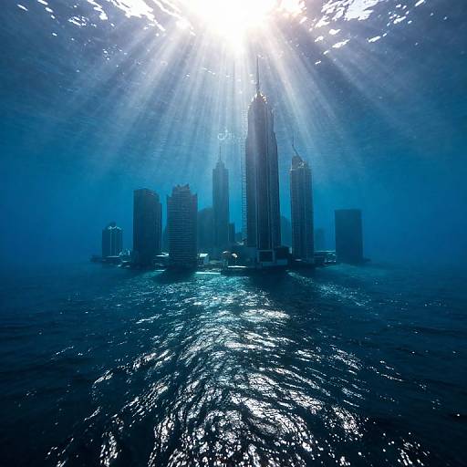 Photograph of a futuristic underwater cityscape with tall skyscrapers emerging from the ocean, bathed in sunlight rays filtering through the water, creating a