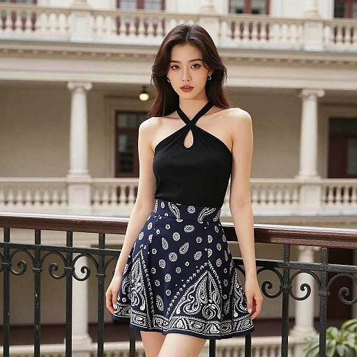Woman in Black Halter Top and Paisley Skirt on Vintage Balcony