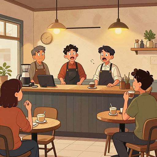 Digital illustration of a cozy café: four baristas with shocked expressions, three seated customers, wooden tables, warm lighting, clock on wall.