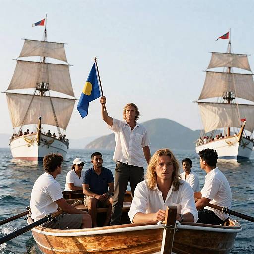 Diverse Crew on a Flag-Laden Boat