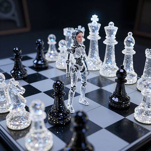 Photograph of a glowing, illuminated chessboard with a translucent, female humanoid robot in the center, surrounded by glowing black and white chess pieces. Dark