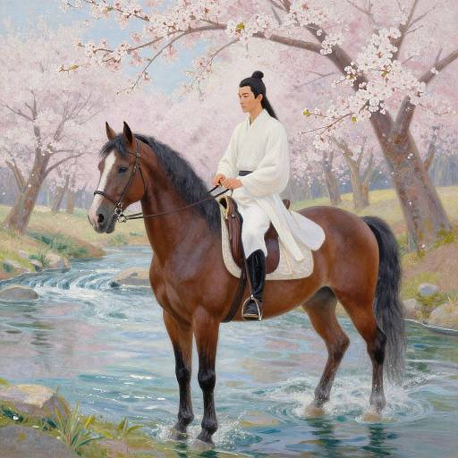 Digital painting of an Asian man in a white traditional kimono riding a brown horse through a cherry blossom-filled stream.