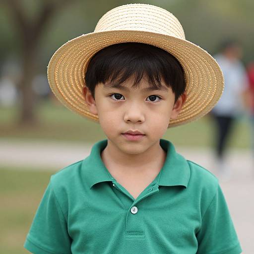 Photograph of a young Asian boy with short black hair, wearing a green polo shirt and a wide-brimmed straw hat, standing in a blurred