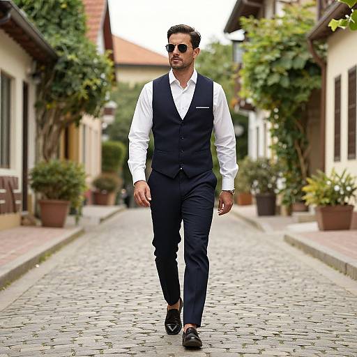 Photograph of a stylish man in a white shirt, black vest, and pants, walking down a cobblestone street lined with potted plants and